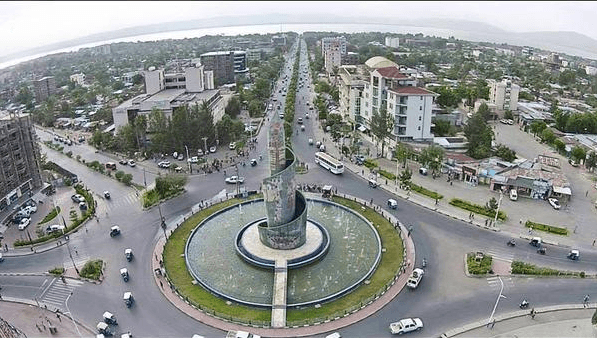 An aerial view of the fountain roundabout on a main avenue in Hawassa.