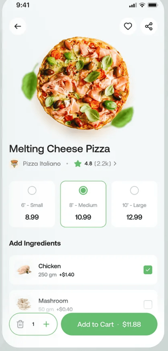 A dish on its product page in the Gereb app, with price and options.