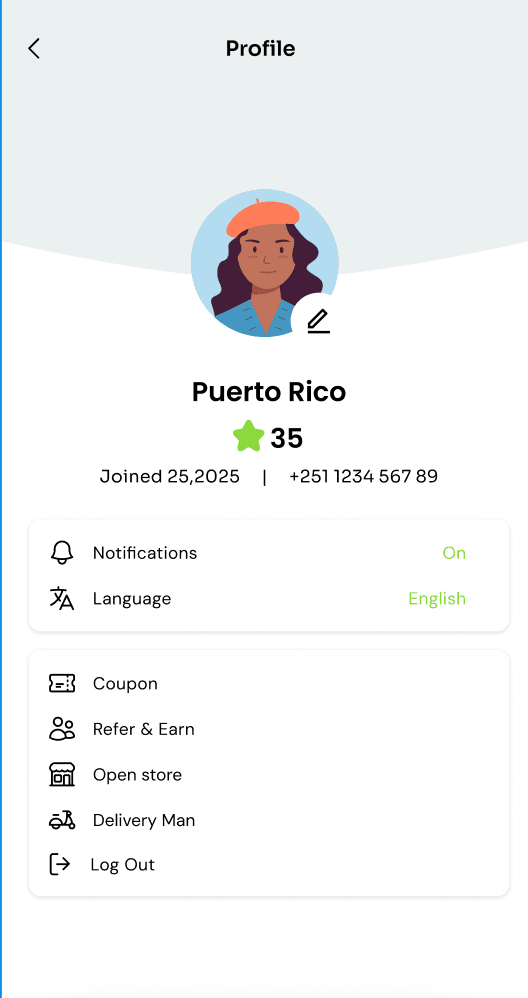 The account screen in the Gereb app.