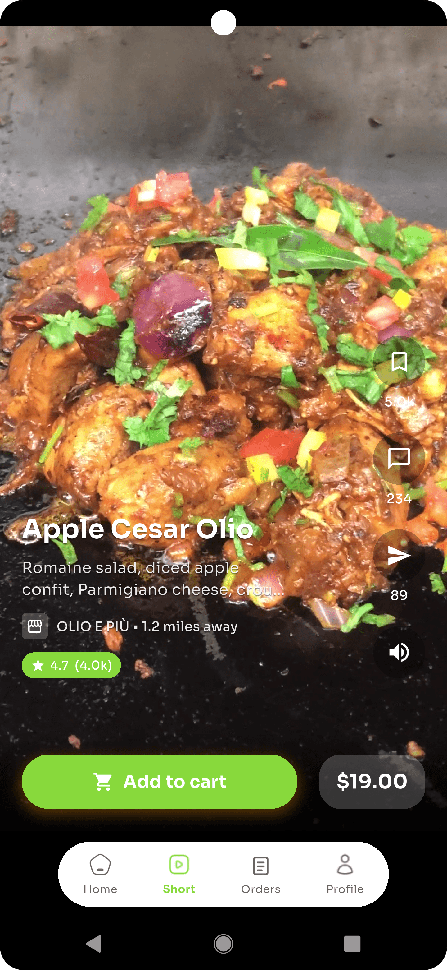 The Gereb app's short-video feed, showing a dish that can be added to the cart.